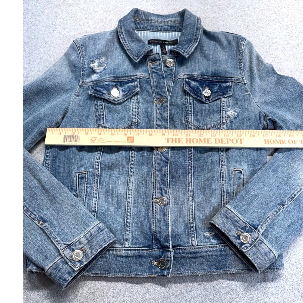 White House Black Market Distressed Denim Jacket Womens Sz 8 Stretch Jean Jacket - Picture 8 of 12